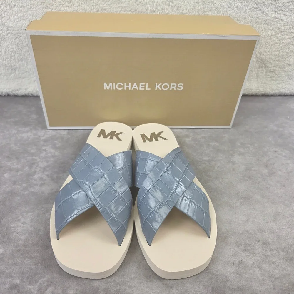 Michael Kors Glenda Sandals Pale Blue Croc Embossed Slide 40S2GLFP1E Mens 6.5 M